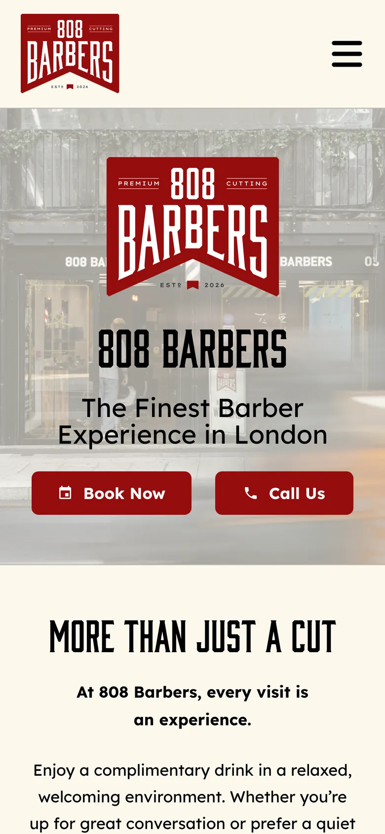 808 Barbers homepage on a phone