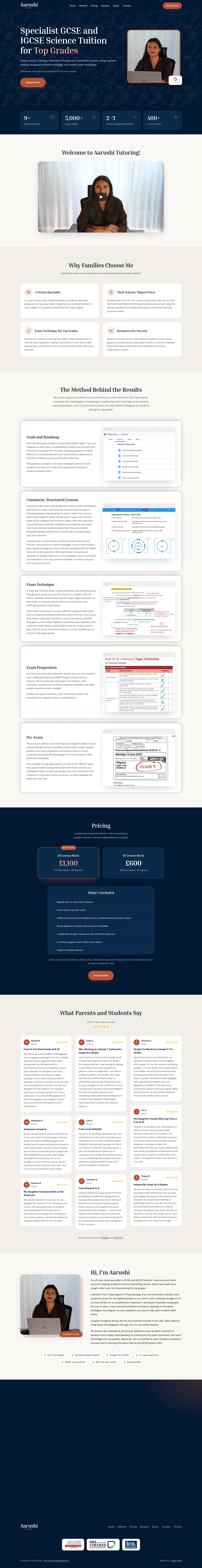 Full Aarushi Tutoring homepage, top to bottom