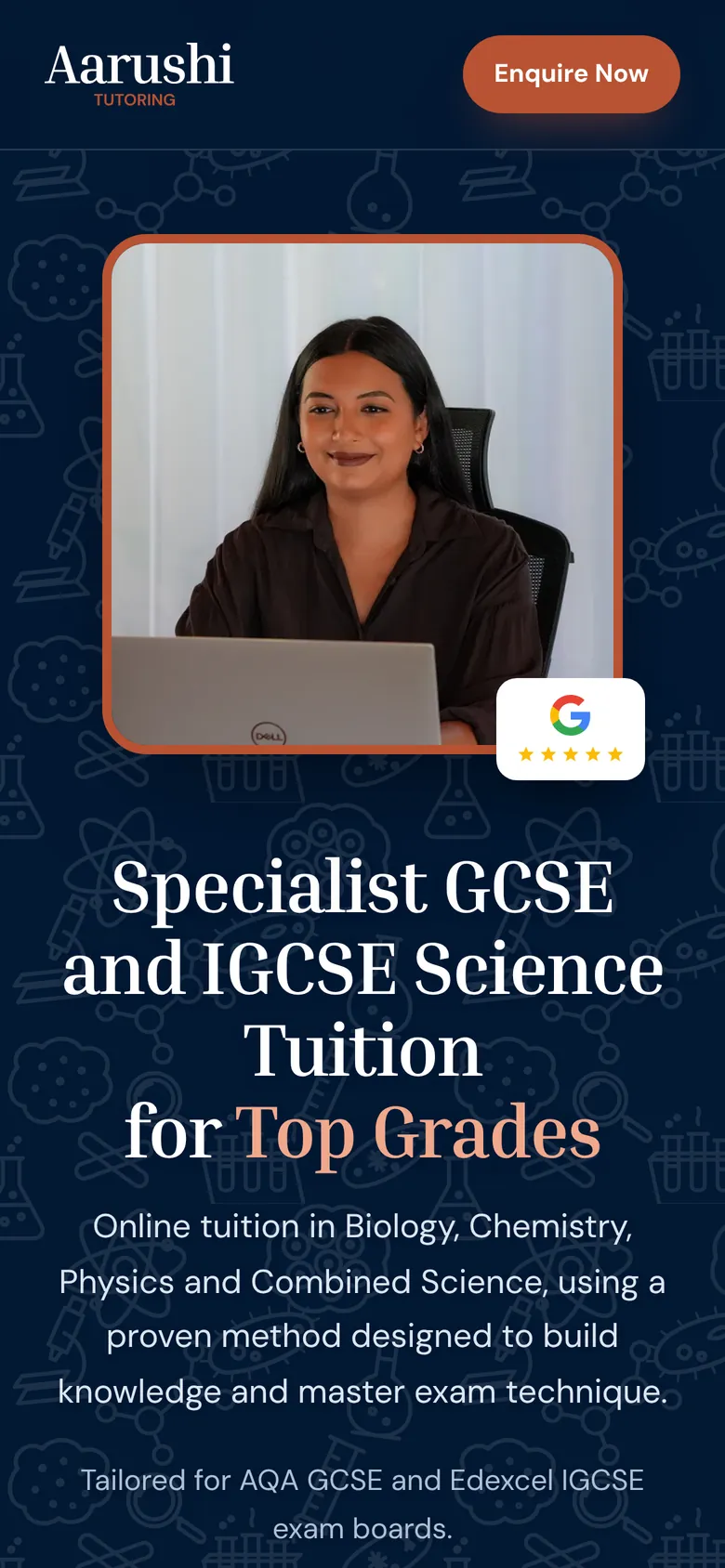 Aarushi Tutoring homepage on a phone