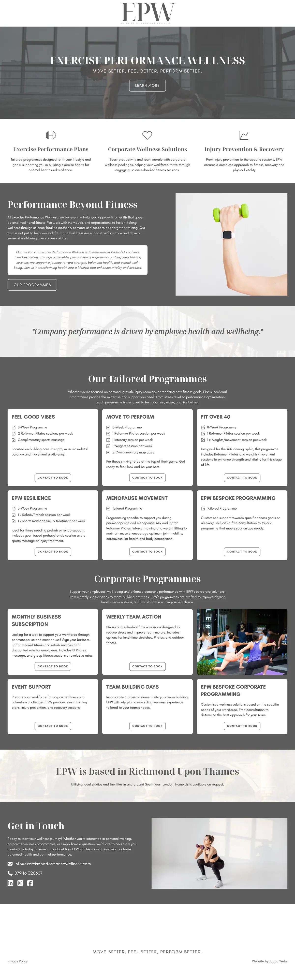 Full Exercise Performance Wellness homepage, top to bottom