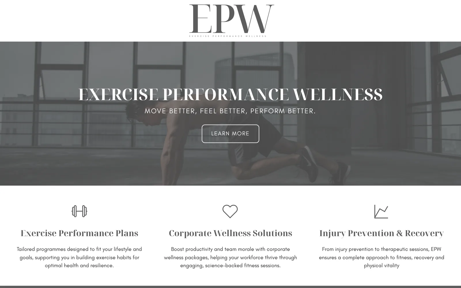 Exercise Performance Wellness website homepage