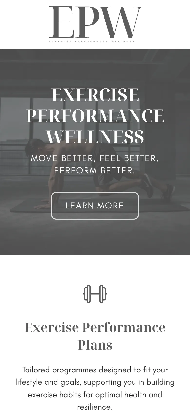 Exercise Performance Wellness homepage on a phone
