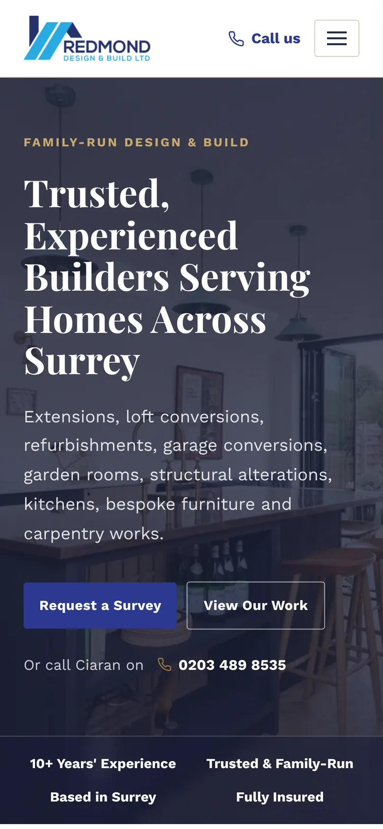Redmond Design and Build homepage on a phone