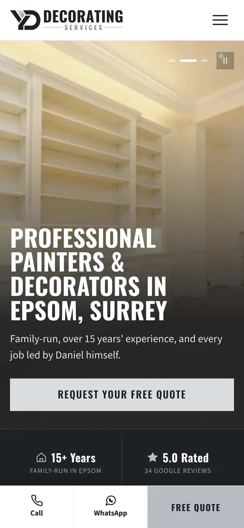 YD Decorating Services homepage on a phone